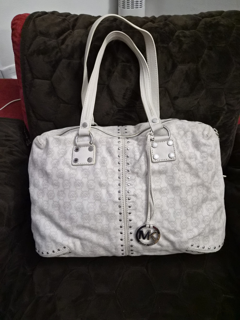 Michael Kors White Logo-Print Tote with Stud Detail